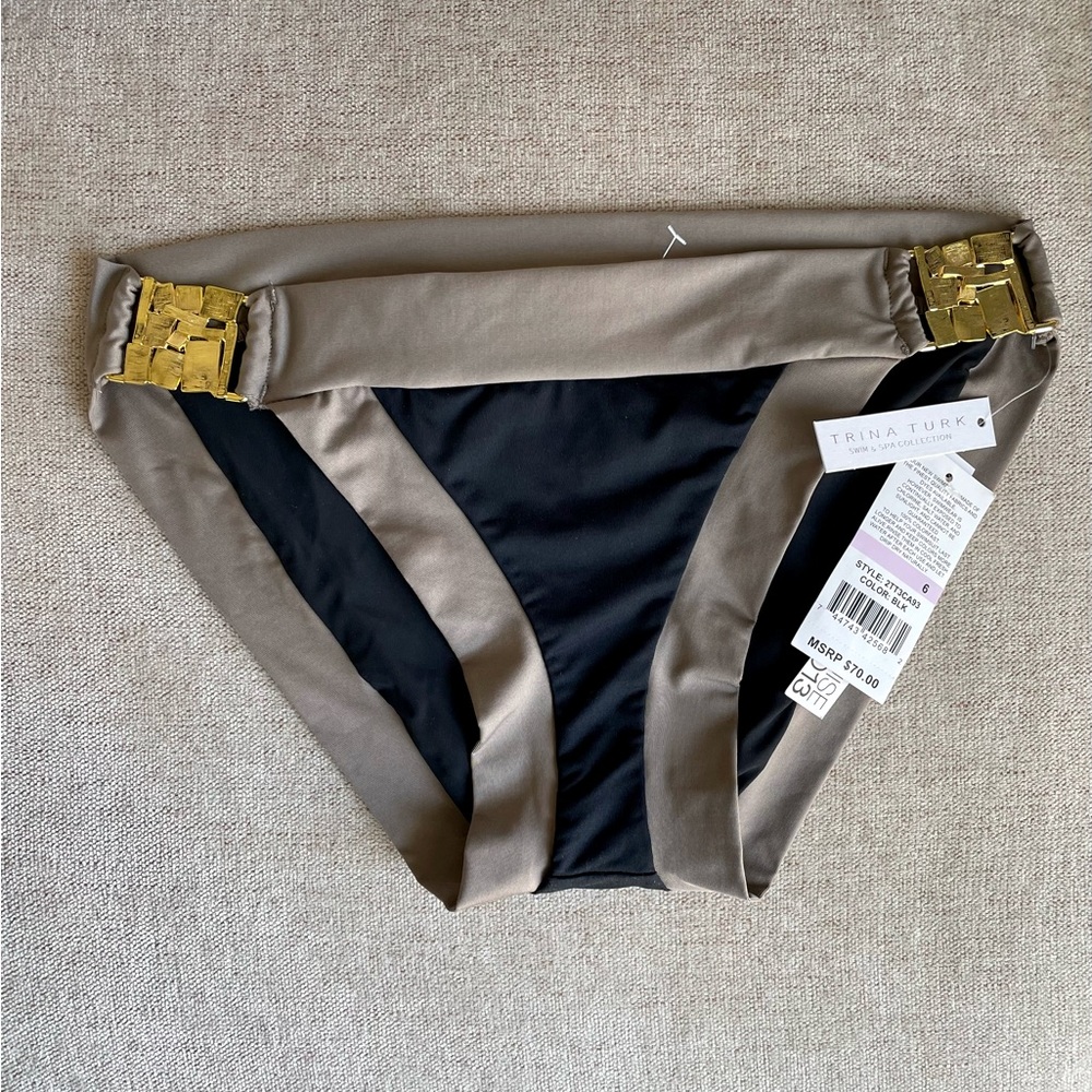 NWT Trina Turk black taupe colorblock gold mosaic square hardware sides size 6